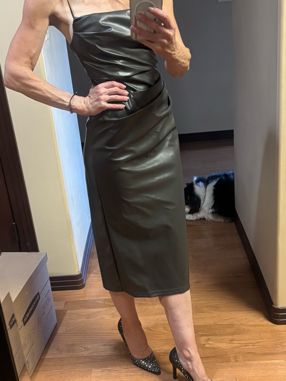 Faux-Leather Midi Slip Dress in dark grey
